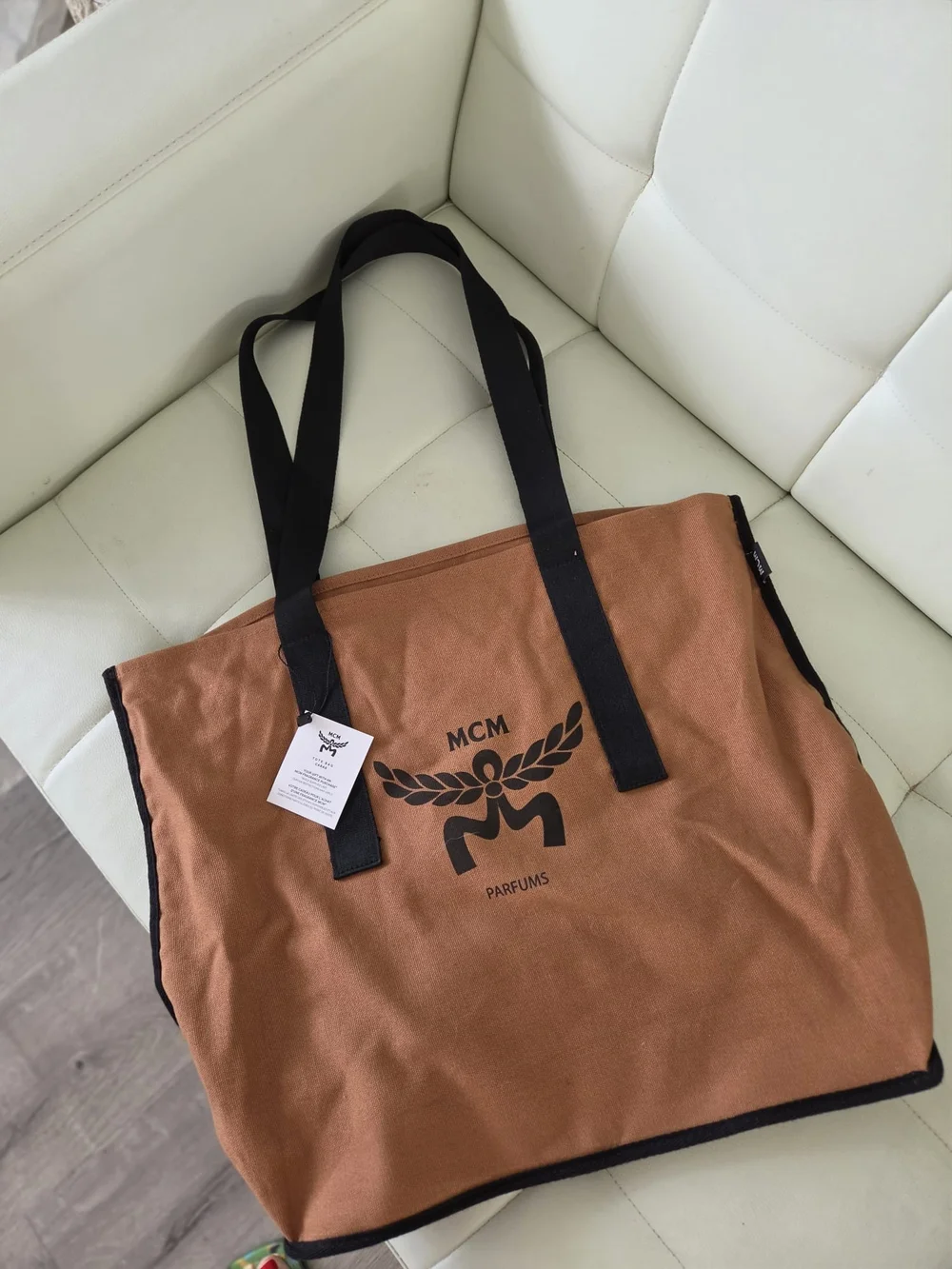 MCM Brown Canvas Tote Bag with Black Straps